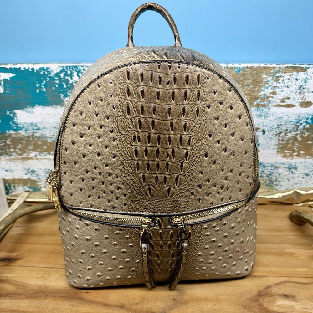 Fashion Chic Faux Croc. Taupe/Brown Backpack Double Zip